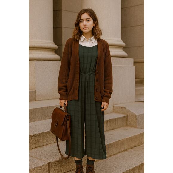 American Eagle Plaid Green High Neck Jumpsuit XS Vintage Y2K Dark Academia Fall - Picture 1 of 11